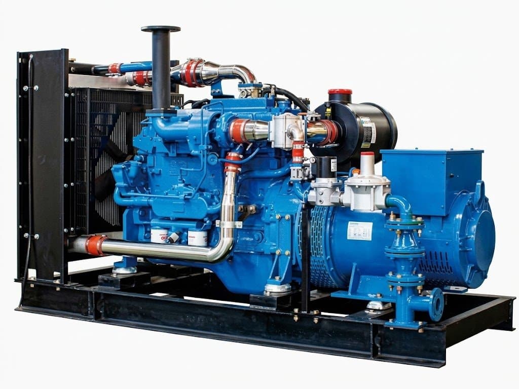 Un groupe électrogène gaz KINBOOST : moteur bleu, alternateur et radiateur montés sur un châssis noir