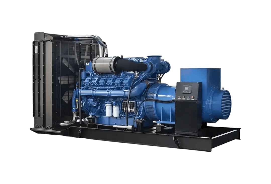 A KINBOOST diesel generator set: blue engine with radiator and alternator on a black skid base
