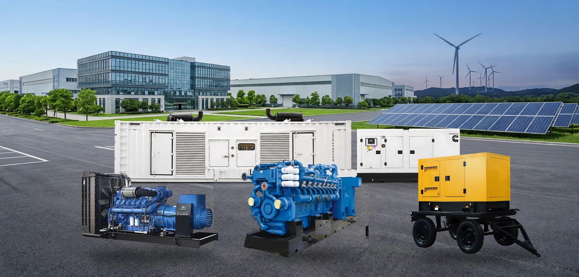KINBOOST diesel and gas generator sets: open, silent, mobile and containerized units in front of the factory